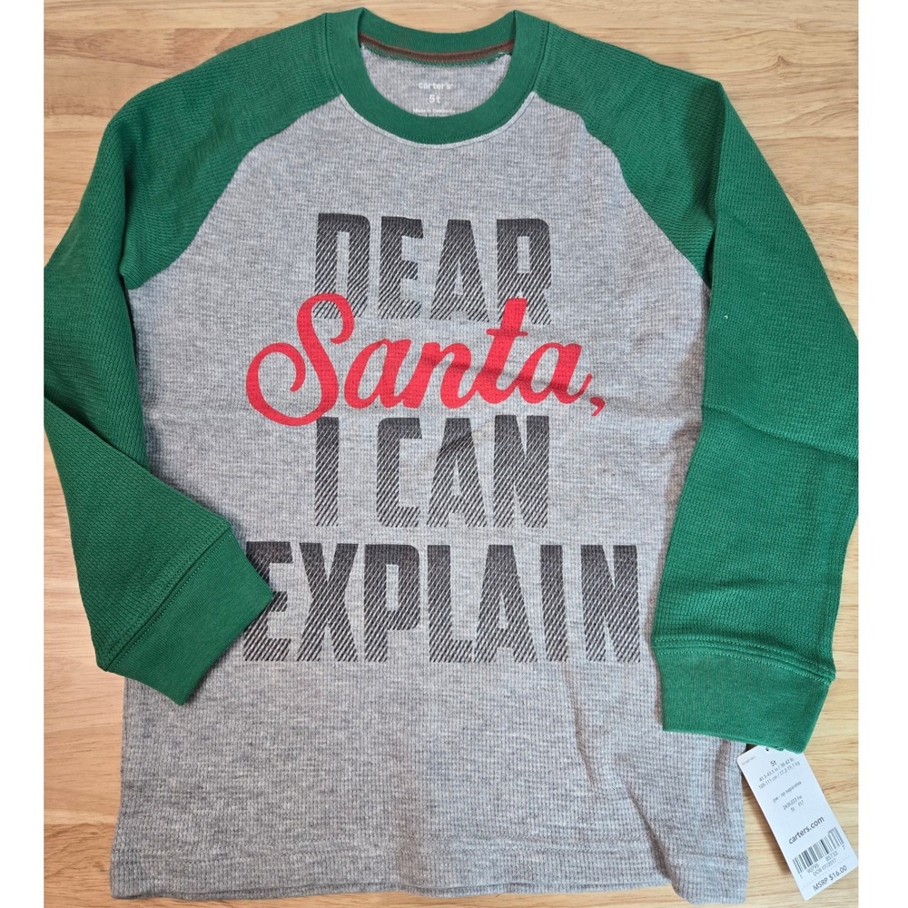 Carters Kids 5T Christmas Thermal Shirt Green Grey Dear Santa I Can Explain NWT